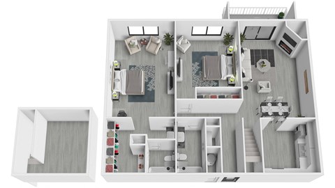 A 3D floor plan of a house with a kitchen, living room, and bathroom.